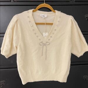 Able Cream V-Neck Sweater with Pearl Accents